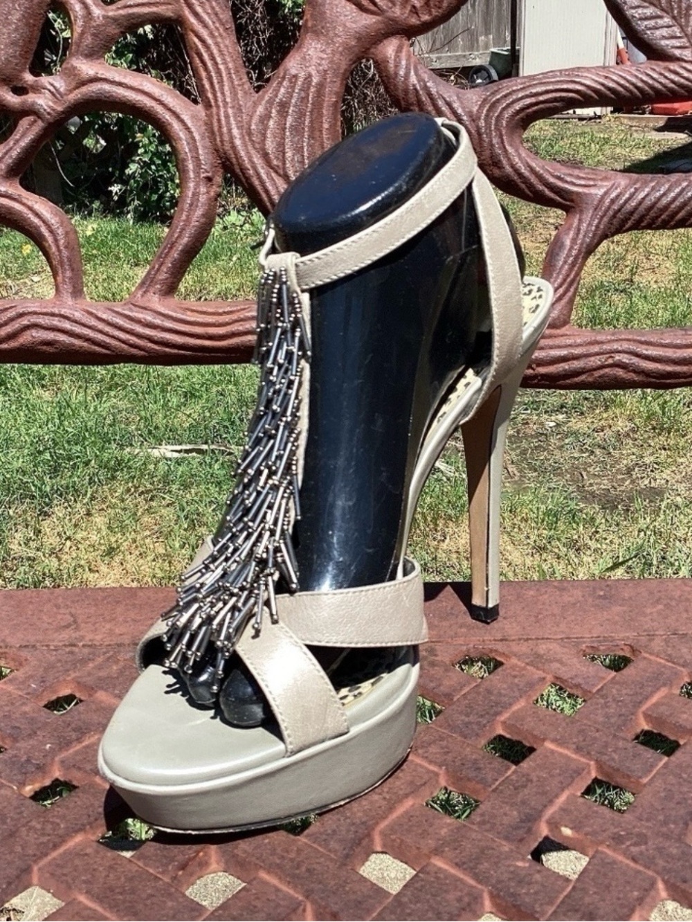 Jessica Simpson Taupe Ankle Strap Platform Heeled Sandals with Metallic Fringe